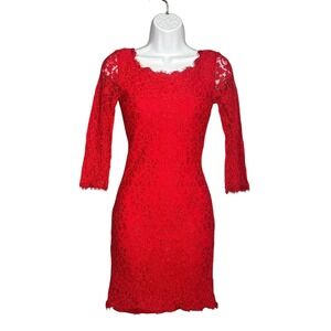Diane Von Furstenberg Red Lace Sheath Dress 3/4 Sleeve Back Zip Size 0